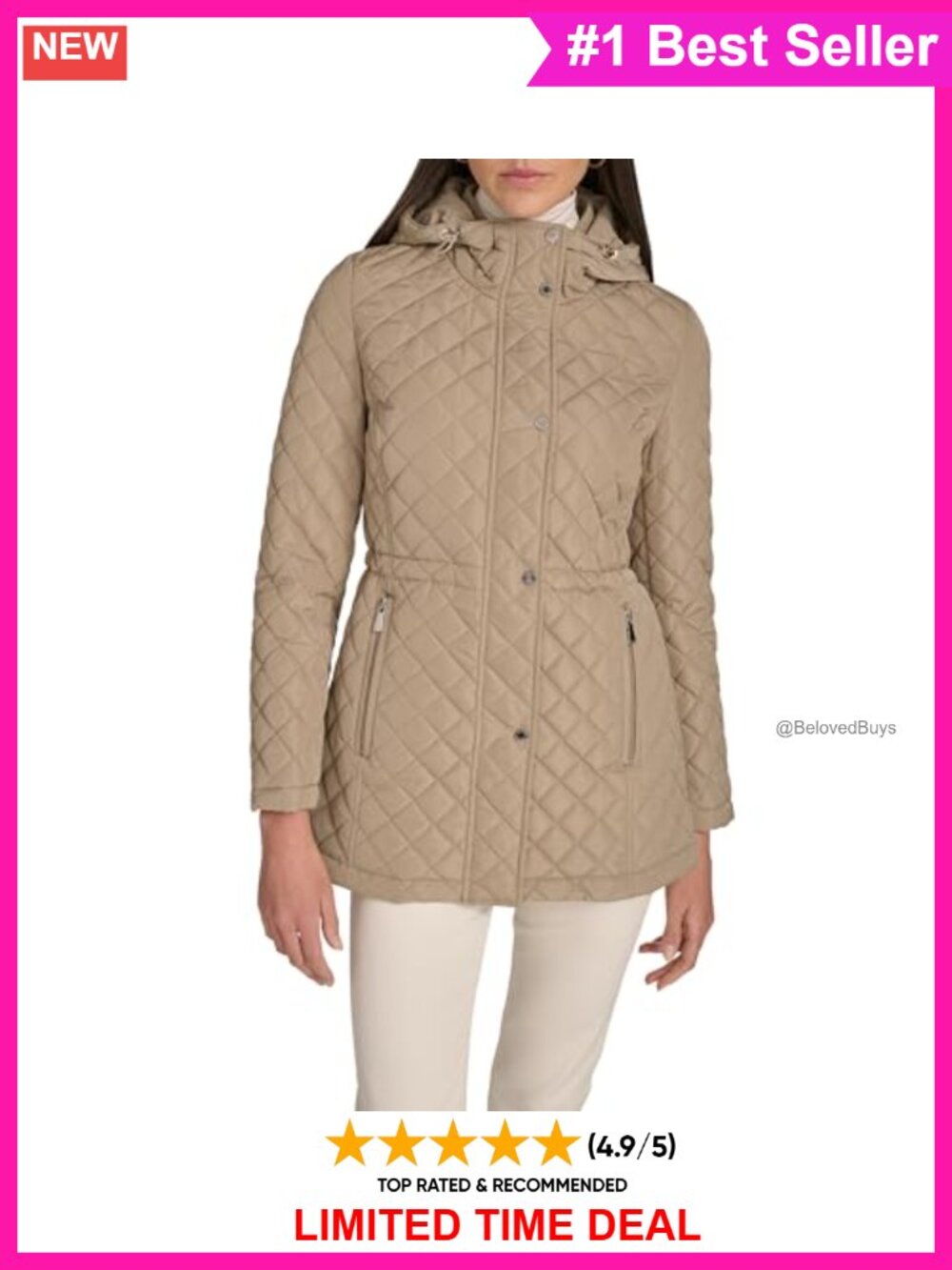 Quilted Hooded Long Jacket Diamond Stitch Snap Zip Pockets Coat